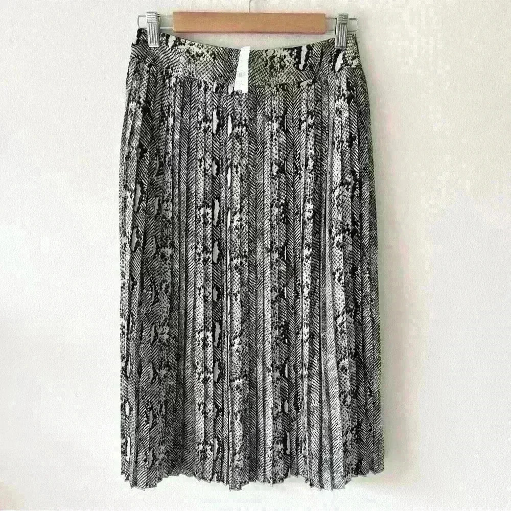 NWT J Crew Factory Sz O Womens Snakeskin Print Pleated Midi Skirt Black Cream
